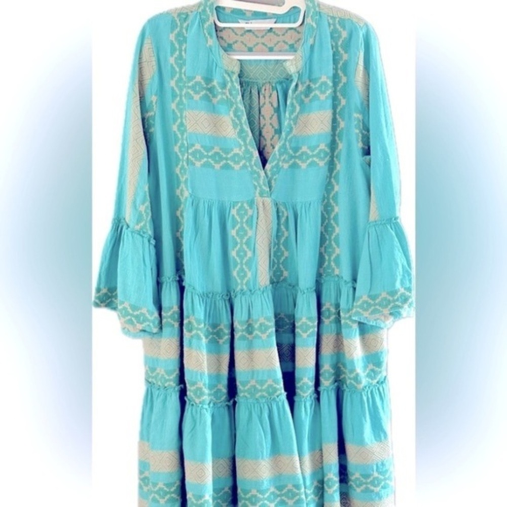 Dharma Dress  Sz M Cotton Weaved Geometric Tiered  Knee long Boho chic Hippie